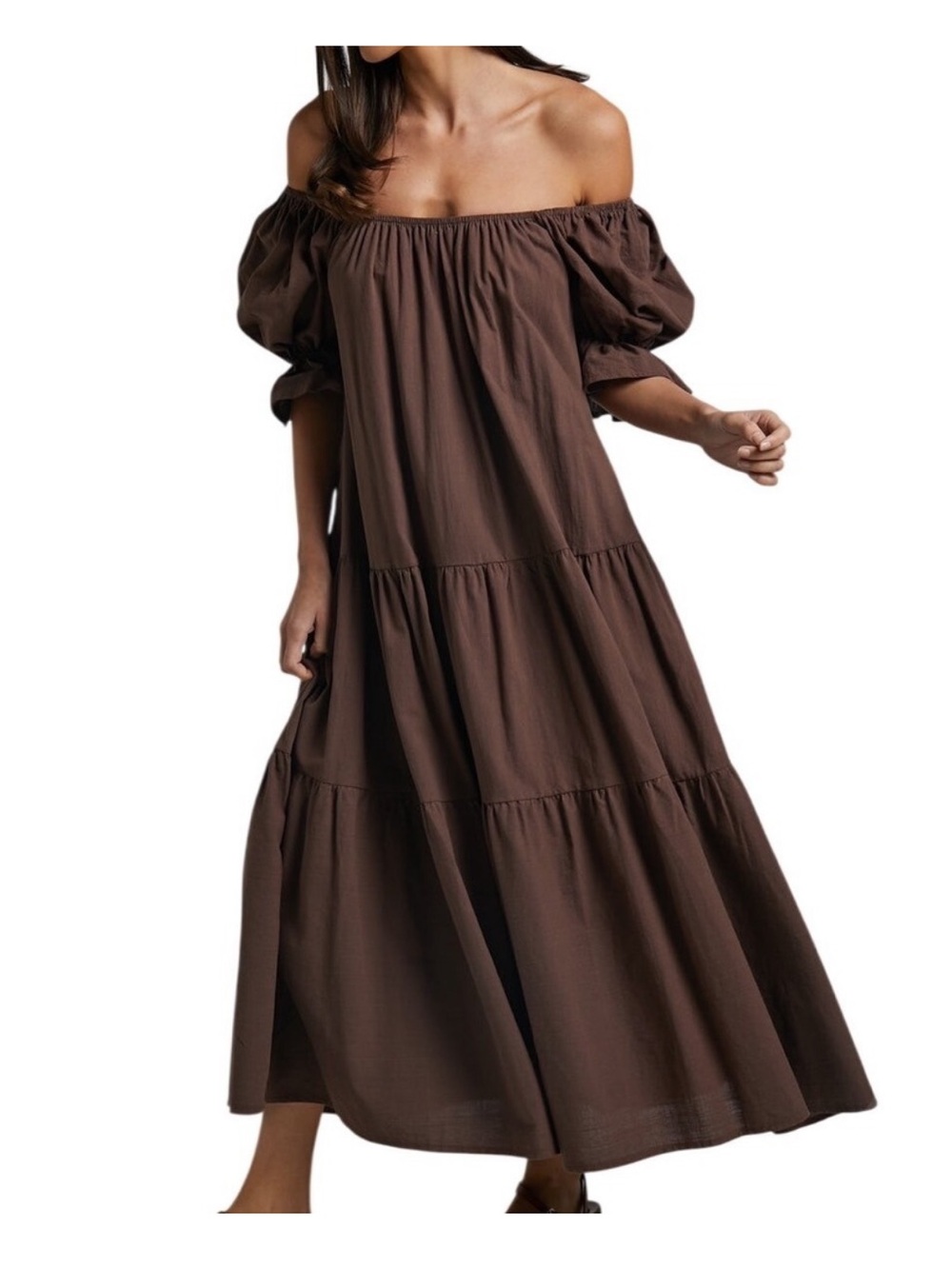 Showpo. Zaharrah midi Brown Off-Shoulder Tiered Maxi Dress